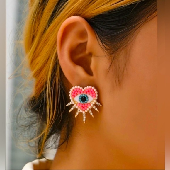 Anthropologie Jewelry - ✨NEW✨ Anthropologie Pink and Gold Heart Earrings with Sunburst Design